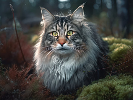 Norwegian forest Cat portrait close up created with Generative AI technology.の素材