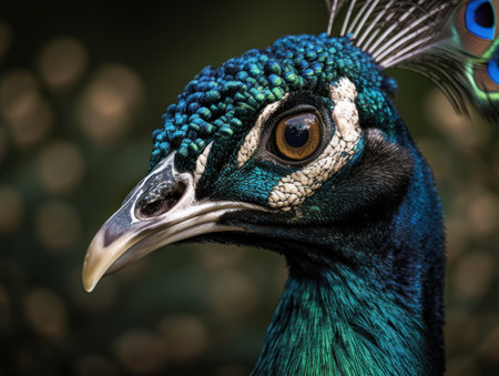 Peafowl bird portrait close up created with Generative AI technologyの素材