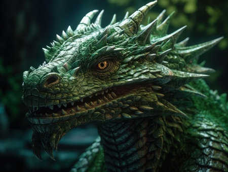 Green fantasy dragon close up portrait created with Generative AI technologyの素材