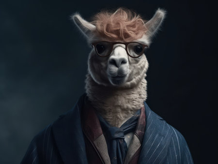 Alpaca dressed in a business suit and wearing glasses close up portraitの素材