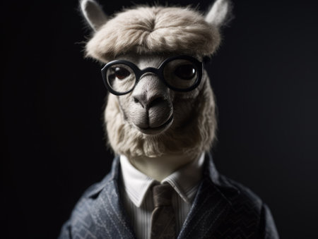 Alpaca dressed in a business suit and wearing glasses close up portraitの素材