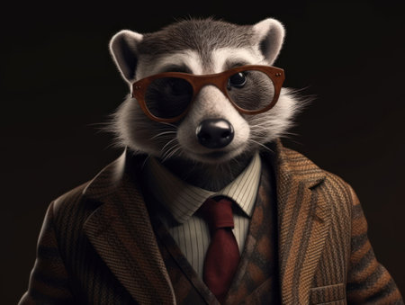 Badger dressed in a business suit and wearing glasses close up portraitの素材