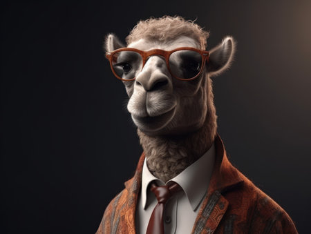Camel dressed in a business suit and wearing glasses close up portraitの素材