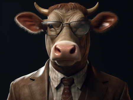 Cattle dressed in a business suit and wearing glasses close up portraitの素材