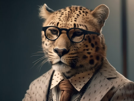 Ð¡heetah dressed in a business suit and wearing glasses close up portraitの素材