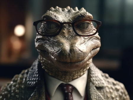Ð¡rocodile dressed in a business suit and wearing glasses close up portraitの素材