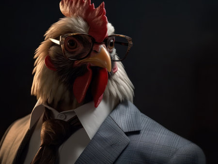 Ð¡hicken dressed in a business suit and wearing glasses close up portraitの素材