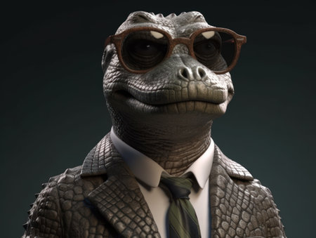 Ð¡rocodile dressed in a business suit and wearing glasses close up portraitの素材
