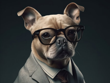 Dog dressed in a business suit and wearing glasses close up portraitの素材