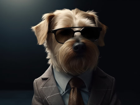 Dog dressed in a business suit and wearing glasses close up portraitの素材