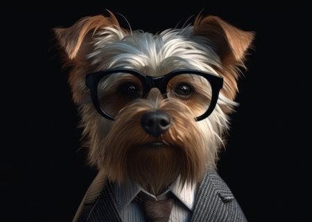 Dog dressed in a business suit and wearing glasses close up portraitの素材