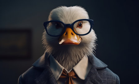 Duck dressed in a business suit and wearing glasses close up portraitの素材