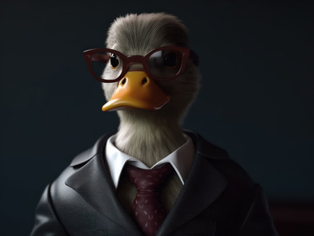 Duck dressed in a business suit and wearing glasses close up portraitの素材