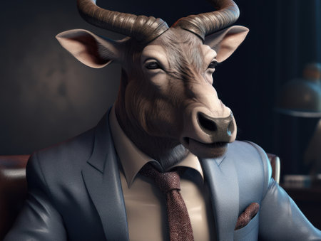 Eland dressed in a business suit and wearing glasses close up portraitの素材