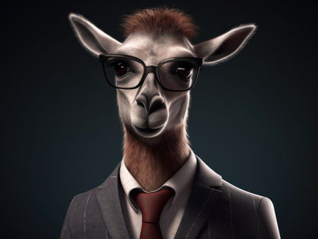 Guanaco dressed in a business suit and wearing glasses close up portraitの素材