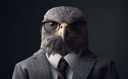 Goshawk dressed in a business suit and wearing glasses close up portraitの素材