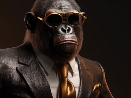 Gorilla dressed in a business suit and wearing glasses close up portraitの素材
