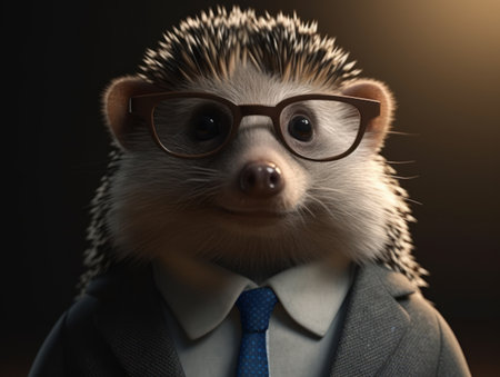 Hedgehog dressed in a business suit and wearing glasses close up portraitの素材