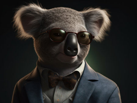 Koala dressed in a business suit and wearing glasses close up portraitの素材