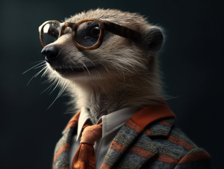 Meerkat dressed in a business suit and wearing glasses close up portraitの素材