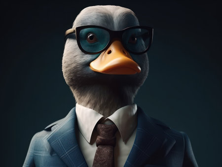Mallard dressed in a business suit and wearing glasses close up portraitの素材