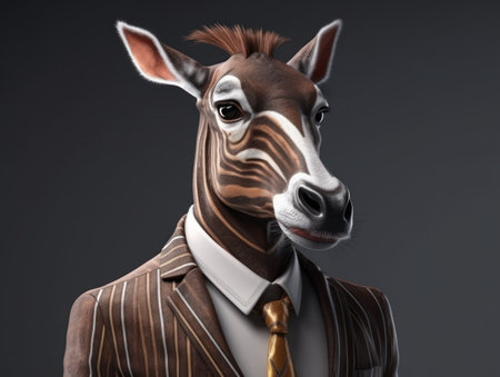 Okapi dressed in a business suit and wearing glasses close up portraitの素材