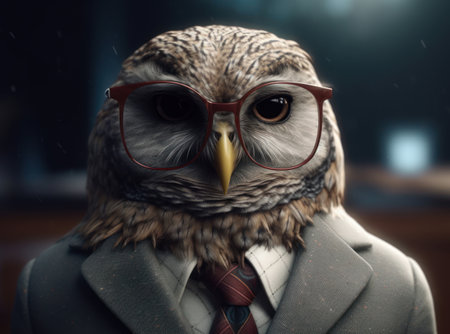 Owl dressed in a business suit and wearing glasses close up portraitの素材