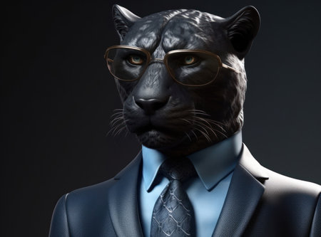 Panther dressed in a business suit and wearing glasses close up portraitの素材
