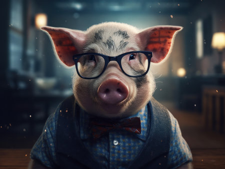 Pig dressed in a business suit and wearing glasses close up portraitの素材