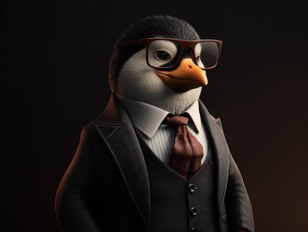 Penguin dressed in a business suit and wearing glasses close up portraitの素材