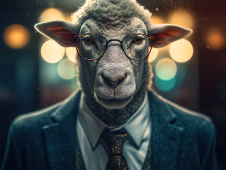 Sheep dressed in a business suit and wearing glasses close up portraitの素材