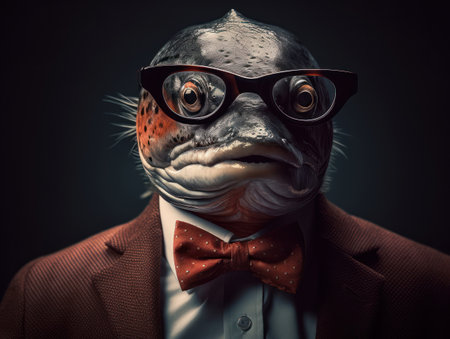 Salmon dressed in a business suit and wearing glasses close up portraitの素材
