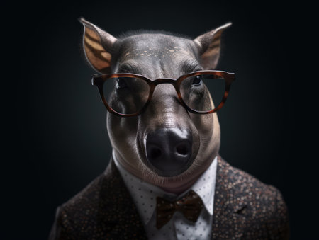 Tapir dressed in a business suit and wearing glasses close up portraitの素材