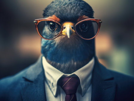 Swallow dressed in a business suit and wearing glasses close up portraitの素材