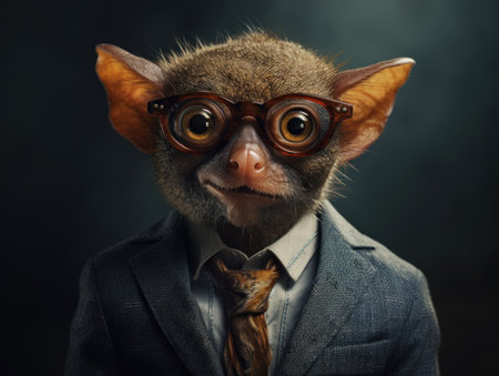 Tarsier dressed in a business suit and wearing glasses close up portraitの素材