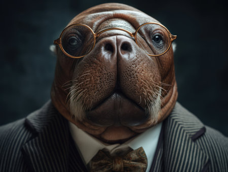 Walrus dressed in a business suit and wearing glasses close up portraitの素材