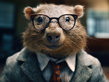 Wombat dressed in a business suit and wearing glasses close up portraitの素材