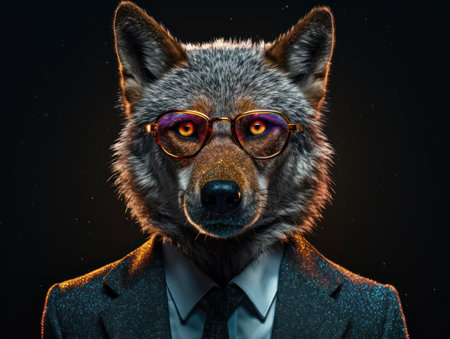 Wolf dressed in a business suit and wearing glasses close up portraitの素材