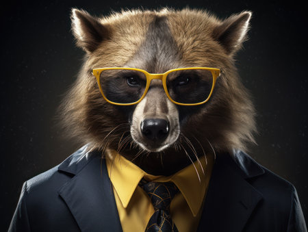 Wolverine dressed in a business suit and wearing glasses close up portraitの素材