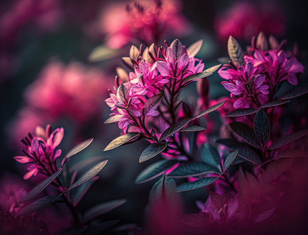 Fantasy azalea plants and glowing flowers background close upの素材