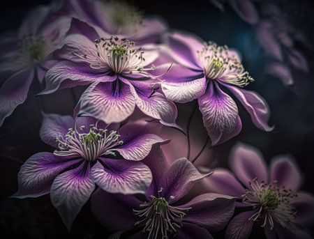 Fantasy clematis plants and glowing flowers background close upの素材