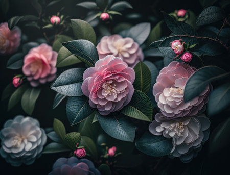 Fantasy camellia plants and glowing flowers background close upの素材