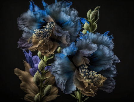 Fantasy delphinium plants and glowing flowers background close upの素材