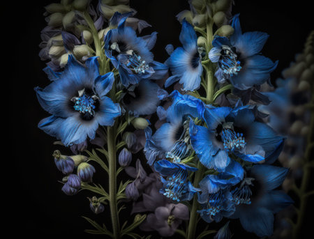 Fantasy delphinium plants and glowing flowers background close upの素材