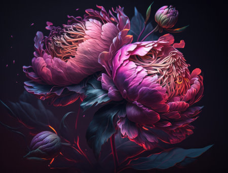 Fantasy plants and glowing flowers background close upの素材