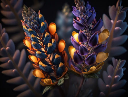 Fantasy lupine plants and glowing flowers background close upの素材