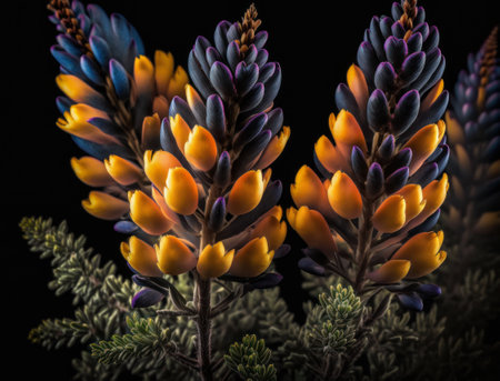 Fantasy lupine plants and glowing flowers background close upの素材