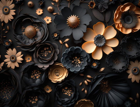 Fantasy dark black and golden plants and glowing flowers Full frame background top view close upの素材