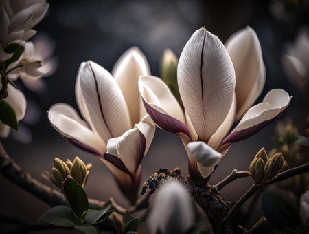 Fantasy magnolia plants and glowing flowers background close upの素材