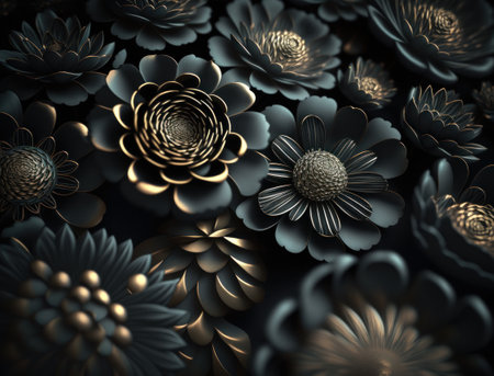 Fantasy dark black and golden plants and glowing flowers Full frame background top view close upの素材